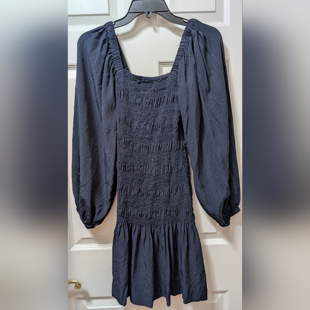 GANNI Ripstop Ecovero Smock Mini Dress Sky Captain Blue FR 34 US 2 XS